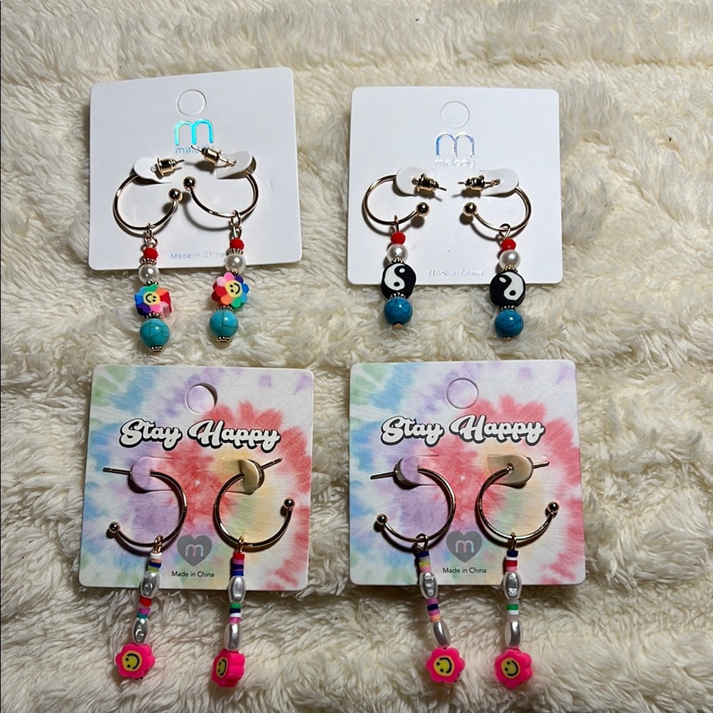 Lot Of 4 Pairs Of Colorful Beaded Earrings Set